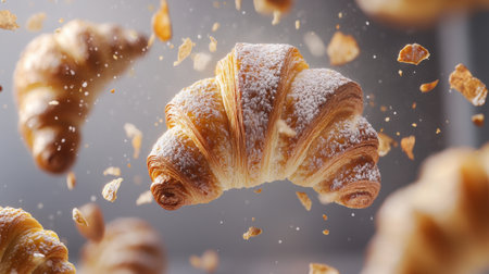 Explore a stunning image of freshly baked croissants and sugary pastries in motion, showcasing their flaky texture and delightful dusting of sugar.の素材