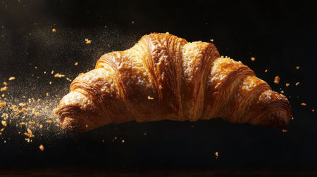 A freshly baked croissant floating in mid-air with crumbs falling around it. The golden pastry showcases a flaky texture, perfect for food enthusiasts.の素材