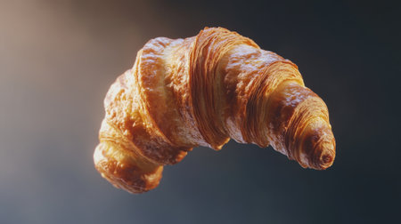 A beautifully rendered image of a croissant with buttery layers, captured in mid-air, showcasing its golden, flaky texture and delicious appearance. Ideal for culinary visuals.の素材