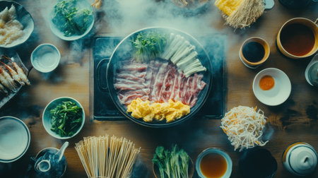 A vibrant Japanese hotpot spread showcasing fresh ingredients and savory flavors. Perfect for communal dining, highlighting the joy of cooking together.の素材