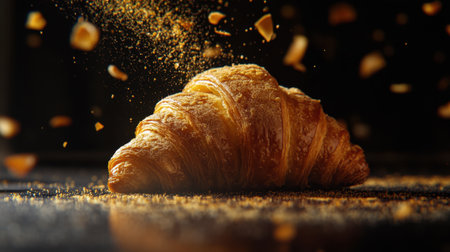 A visually appealing croissant showcasing its flaky, golden layers, set against a dark background, perfect for food-related themes and culinary projects.の素材