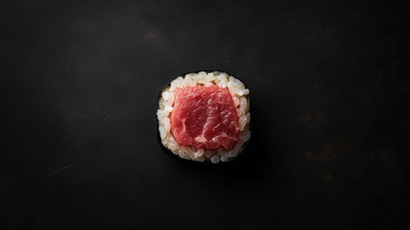A stunning top-down shot of rich marbled wagyu sushi, highlighting its exquisite texture and vibrant colors against a dark background. Perfect for food enthusiasts.の素材