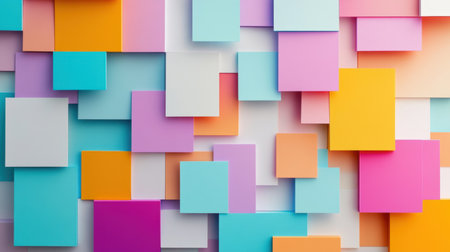A vibrant collection of sticky notes in various colors and shapes, arranged artistically on a wall, perfect for concepts of creativity and organization.の素材
