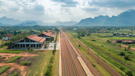 A wide shot capturing the scenic landscape of the Laos-China railway. Lush greenery and distant mountains frame the railway tracks, illustrating the project's impact on regional connectivity.の素材