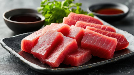 Fresh sashimi tuna beautifully arranged on a dark plate, showcasing vibrant colors and rich texture. Perfect for gourmet dining or an elegant meal experience.の素材
