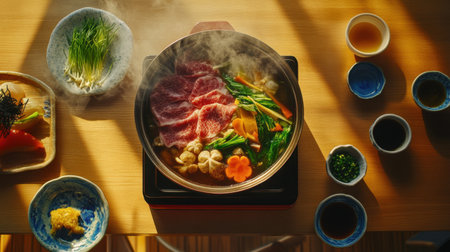Discover a beautiful arrangement of authentic Japanese hotpot ingredients, featuring fresh vegetables, beef, and mushrooms, perfect for a cozy meal.の素材