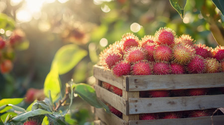 A vibrant display of rambutans fills a rustic wooden crate, set against a lush green backdrop. The image captures the beauty of this tropical fruit in natural light, showcasing its colorful and exotic appeal.の素材