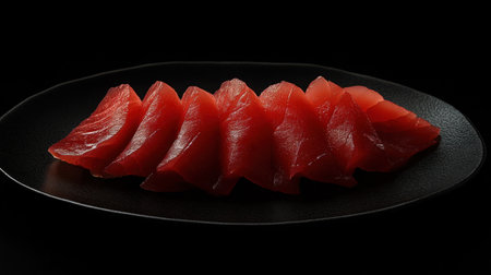 A stunning close-up of fresh tuna sashimi slices presented on a sleek black plate, showcasing vibrant colors and elegant presentation, perfect for food enthusiasts.の素材