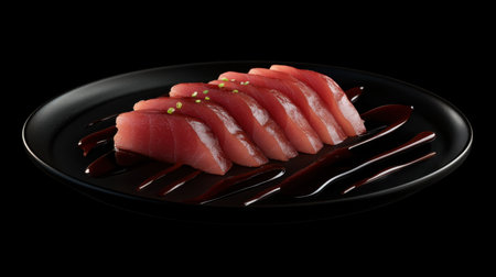 Indulge in this fresh tuna sashimi, elegantly presented on a black plate with a drizzle of sauce. A perfect visual feast for food lovers and chefs.の素材