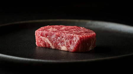 This stunning close-up showcases a delicious piece of wagyu sushi on a black plate, highlighting its rich texture and gourmet appeal perfect for culinary enthusiasts.の素材