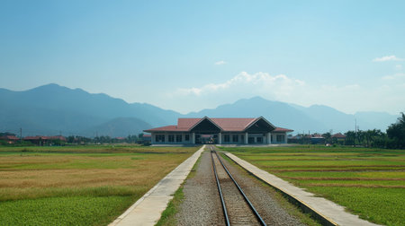 A gleaming railway station in Laos, set against a stunning mountain backdrop. This serene location showcases a blend of modern architecture and natural beauty, perfect for travel enthusiasts.の素材
