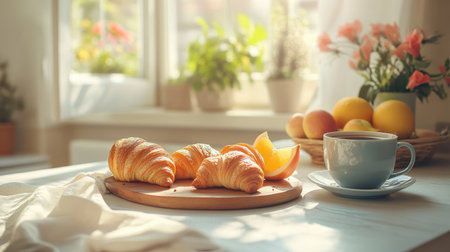 A serene morning scene featuring a steaming cup of coffee accompanied by fresh croissants and vibrant fruits, creating a cozy and inviting atmosphere.の素材