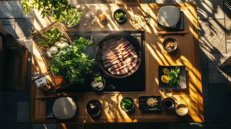 A warm and inviting Japanese hotpot meal featuring fresh ingredients and a cozy dining setup. Ideal for gatherings, showcasing culinary traditions and flavors.の素材