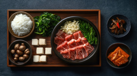 Experience a warm and inviting Japanese hotpot meal with fresh ingredients like meat, mushrooms, tofu, and vegetables, perfect for sharing with family.の素材
