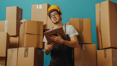 A professional worker in a safety helmet balances a clipboard while standing among stacked boxes. The scene captures dedication to logistics and organization in a warehouse setting.の素材