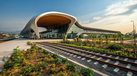 This image showcases the modern train station in Vientiane, Laos. The sleek architecture and well-designed landscaping enhance the travel experience and represent contemporary infrastructure.の素材