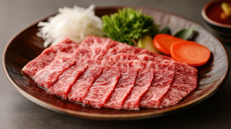 Experience the exquisite look of thinly sliced wagyu beef accompanied by a vibrant selection of fresh vegetables, perfect for any gourmet dish.の素材