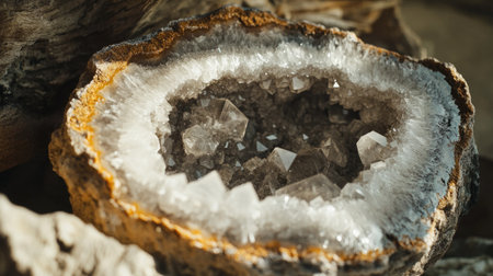 This close-up image showcases a beautiful geode featuring an intricate arrangement of glimmering crystals nestled within its rocky exterior, highlighting natural beauty.の素材