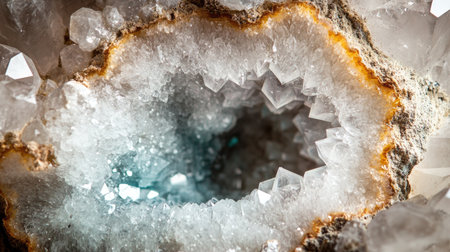 This close-up image showcases the mesmerizing beauty of a geode, revealing stunning crystal formations and intricate textures, perfect for nature enthusiasts and collectors.の素材
