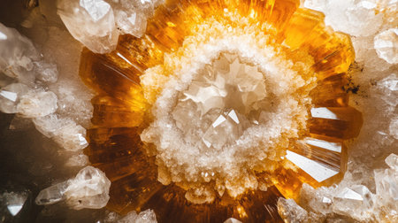 Discover the stunning beauty of a geode showcasing vibrant orange and yellow crystals. This close-up captures the intricate details and natural shine of geological formations.の素材