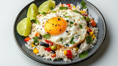 A beautifully arranged plate of fried rice topped with a sunny-side-up egg, garnished with fresh lime and cilantro, showcasing vibrant vegetables for a delightful meal.の素材