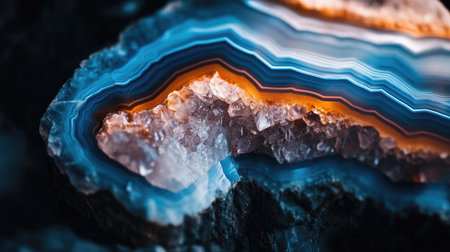 Explore the mesmerizing details of an agate geode in this close-up image. Vibrant layers in blue and orange highlight the natural beauty of this geological wonder.の素材