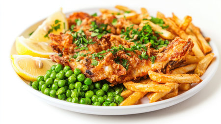 A beautifully arranged plate featuring golden fried fish with crispy fries, vibrant green peas, and fresh lemon slices, perfect for any meal setting.の素材