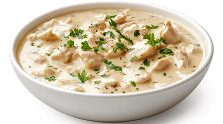 A beautifully arranged bowl of creamy chicken curry topped with fresh herbs. This dish offers a delightful blend of flavors and is perfect for any meal.の素材