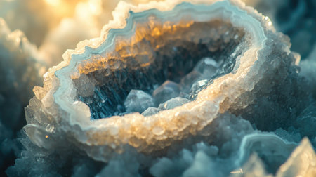 This captivating close-up photograph showcases the intricate beauty of a geode, revealing stunning crystal formations and mesmerizing textures. A perfect representation of nature's artistry.の素材
