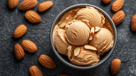 A delightful close-up view of peanut butter ice cream served in a bowl, topped with almonds. The creamy texture and rich flavor make it an irresistible treat for dessert lovers.の素材