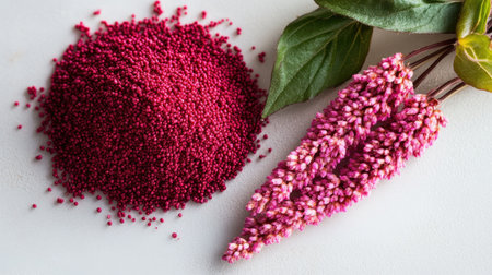 A stunning close-up image showcasing vibrant red amaranth seeds alongside delicate pink amaranth flowers, perfect for natural food aesthetics and organic decor.の素材
