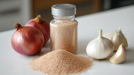 A close-up composition featuring a bottle of onion powder surrounded by fresh onions and garlic, perfect for culinary purposes and food preparation.の素材