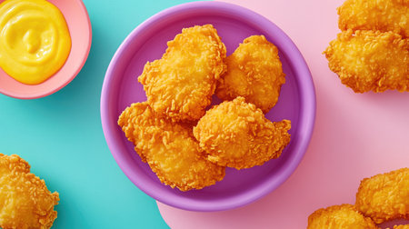 A colorful display of crispy fried chicken nuggets served with a side of yellow sauce, perfect for casual dining or snacking at gatherings.の素材