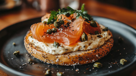 A close-up view of a toasted bagel topped with cream cheese, smoked salmon, capers, and fresh herbs, perfect for showcasing gourmet breakfast aesthetics.の素材