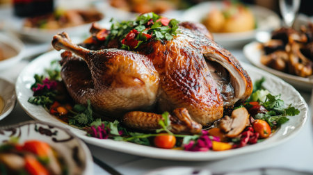 A stunning close-up view of a perfectly roasted duck served on a white plate, garnished with fresh herbs and colorful vegetables, ideal for festive occasions.の素材
