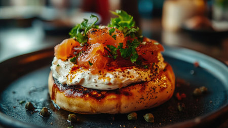 A close-up shot of a perfectly toasted bagel topped with smoked salmon, creamy cheese, and vibrant herbs, showcasing a delicious and inviting presentation.の素材