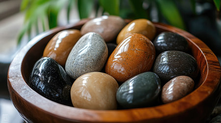 A close-up view showcasing a variety of rounded pebbles in a wooden bowl, highlighting their unique textures and earthy colors, perfect for natural decor.の素材