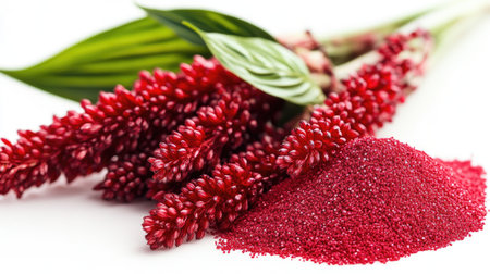 A stunning close-up image of delightful red amaranth flowers with lush green leaves, showcasing vibrant colors and intricate details, perfect for botanical themes.の素材
