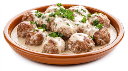 A mouthwatering view of tender Swedish meatballs covered in a creamy sauce, garnished with fresh parsley, perfect for any dinner table or recipe inspiration.の素材