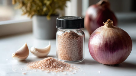 A close-up shot showcasing onion powder in a jar next to fresh onions and garlic cloves on a countertop, highlighting culinary ingredients.の素材