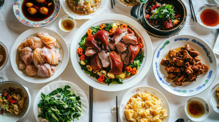 A vibrant and appetizing arrangement of roasted duck served on a white plate, surrounded by various dishes on a dining table, showcasing a flavorful culinary experience.の素材