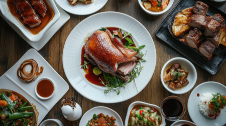 A beautifully presented roasted duck on a white plate garnished with fresh herbs and citrus. Perfect for gourmet dining, showcasing culinary art.の素材