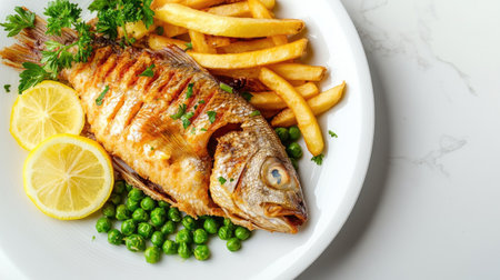 A stunning presentation of fried fish served with crispy fries and vibrant green peas, garnished with fresh lemon slices and herbs, perfect for any meal.の素材
