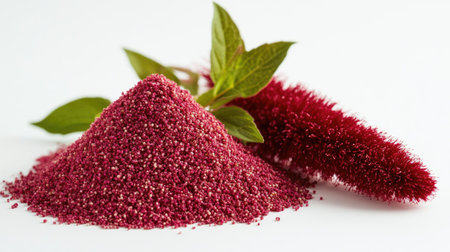 A vibrant close-up of red amaranth powder surrounded by fresh green leaves, showcasing the colorful texture and natural beauty of this culinary ingredient.の素材