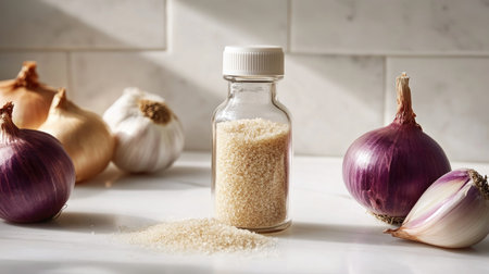A detailed close-up of a glass bottle filled with onion powder, surrounded by fresh onions and garlic. Ideal for culinary and food-related themes.の素材