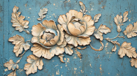 A close-up view of a weathered blue wall featuring exquisite floral reliefs. The intricate details and vintage charm create a stunning artistic backdrop.の素材
