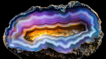 This striking close-up photograph showcases a vibrant agate geode with stunning colors and intricate layers, revealing the beauty of natural minerals.の素材