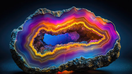 This stunning close-up photograph showcases a vibrant agate geode, revealing intricate layers and brilliant colors that illuminate its natural beauty. Perfect for showcasing geological wonders.の素材