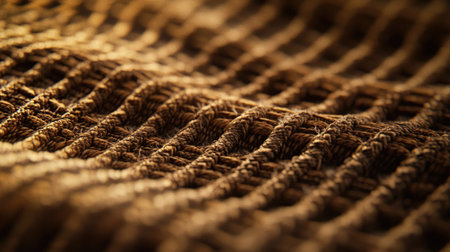 This close-up image captures the intricate texture of natural fiber rope. The warm brown tones and woven patterns create a striking visual experience, highlighting the material's organic quality.の素材
