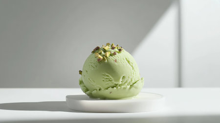 A close-up shot of a single scoop of pistachio ice cream garnished with nuts. The image captures the creamy texture and vibrant color against a minimalist background. Perfect for dessert themes.の素材